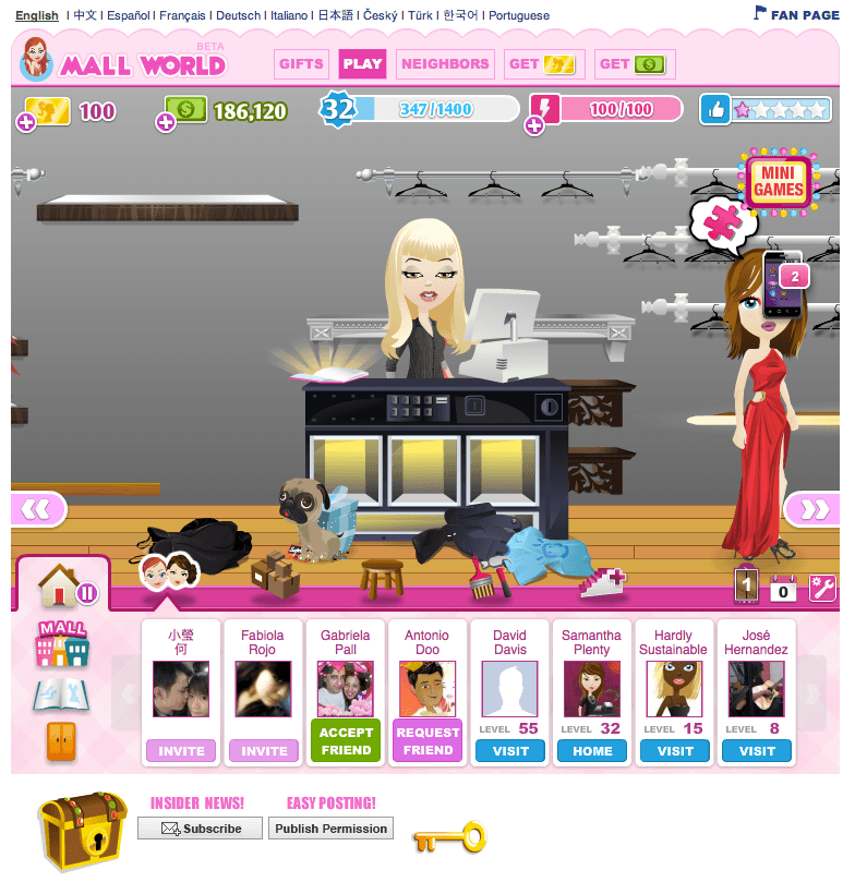 Mall World in March 2011: the player's shop interior with avatars and stock on the floor, a currency and energy bar across the top, and a language switcher offering eleven localisations
