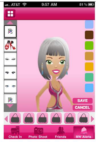 Mall World running in an iPhone browser, March 2011: the dressed avatar with a hair-colour swatch column, accessory carousel, and Check In, Photo Shoot, Friends and MW Alerts navigation