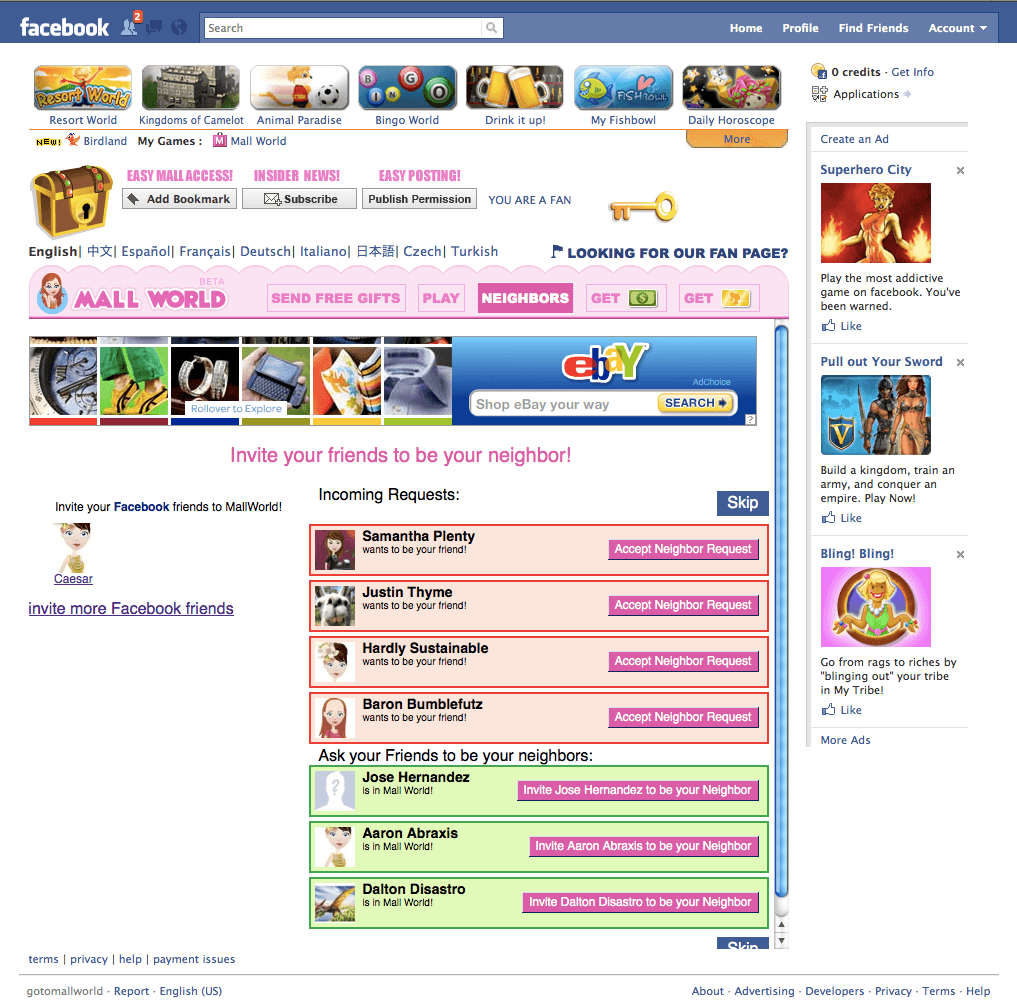 Mall World's neighbour screen in 2010: a column of incoming friend requests each with an accept button, a list of players to invite below it, and a free-gifts and neighbours bar across the top of the game