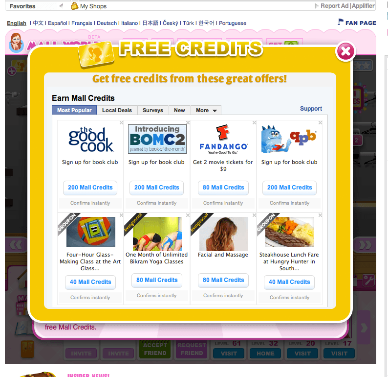 A third-party offer wall opening over Mall World in 2011, tabbed Most Popular, Local Deals, Surveys and New, with eight offers from book clubs, a cinema chain and daily-deal sites each paying out 40 to 200 Mall Credits