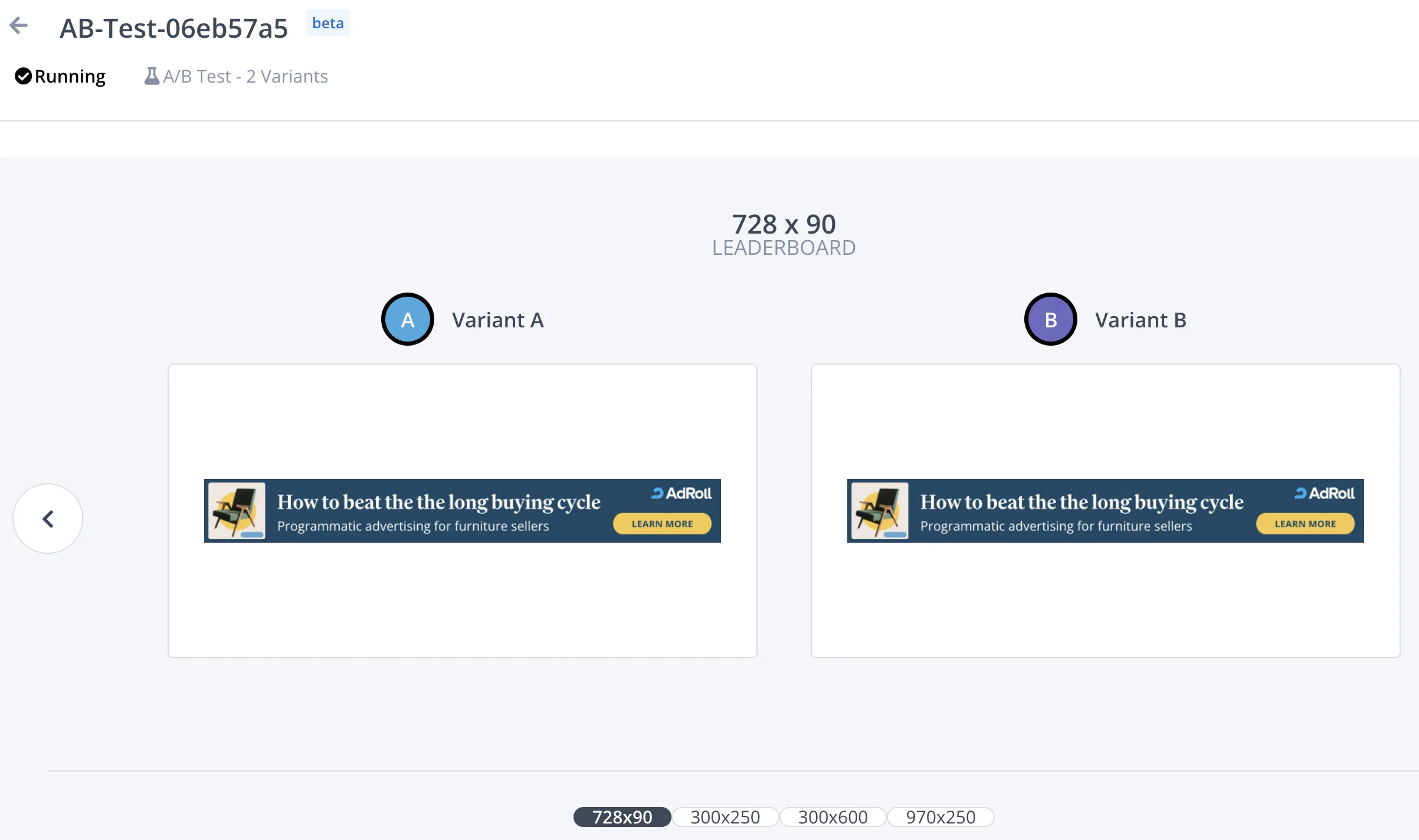 A running A/B creative test in AdRoll, February 2026, badged beta: the same leaderboard ad shown as Variant A and Variant B at 728 by 90, with buttons below for the other three supported sizes