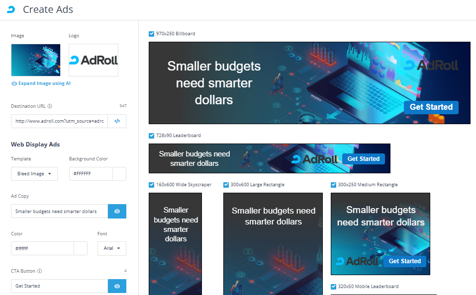 Create Ads interface showing AI image expansion, ad copy controls, and generated AdRoll display ad sizes