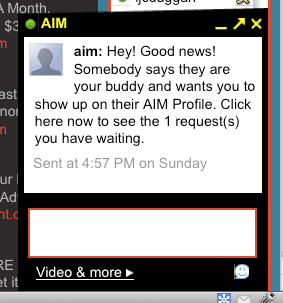 The AIM in-browser client in 2008: the AIM logo above a system message telling the user someone has added them as a buddy, a compose box below it, and a Video & more control