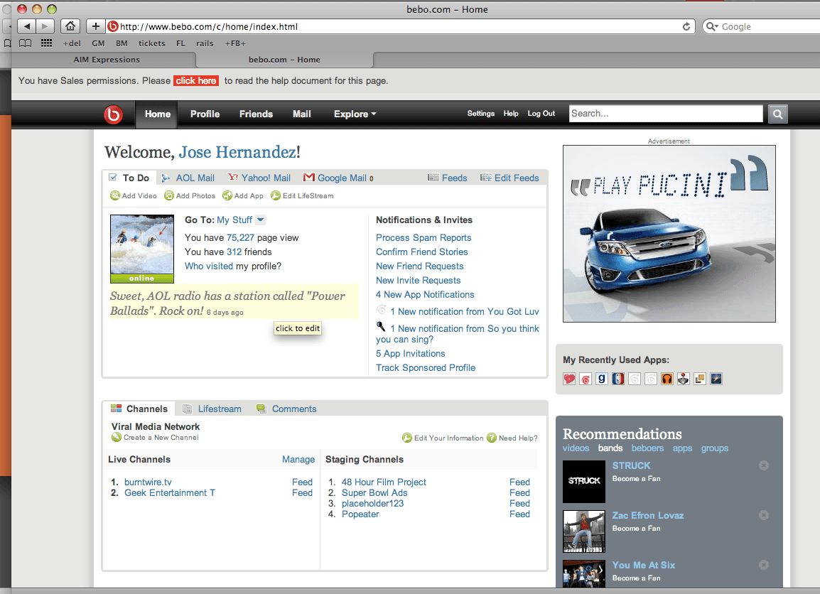 Bebo's logged-in home page in 2009, showing a unified inbox tabbed To Do, AOL Mail, Yahoo! Mail and Google Mail, a Track Sponsored Profile link, and a channel manager listing live and staging channels