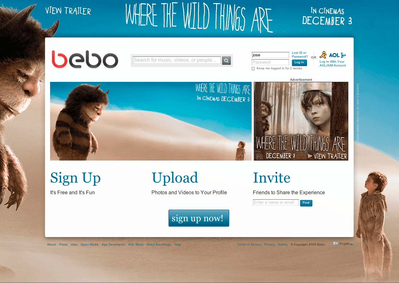 Bebo homepage, December 2009, running a Where the Wild Things Are takeover: full-bleed background skin, hero banner and a marked Advertisement unit