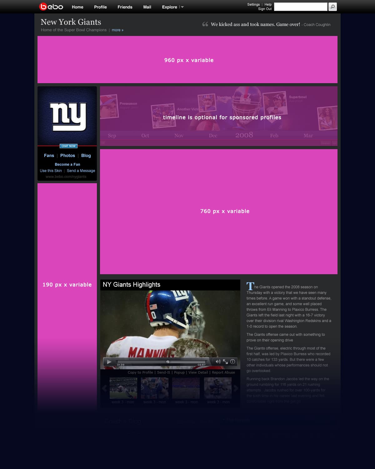 Sponsored-profile specification from September 2008: a New York Giants profile with each sponsor placement blocked out in magenta and labelled with its fixed width, 960, 760 and 190 pixels by variable height