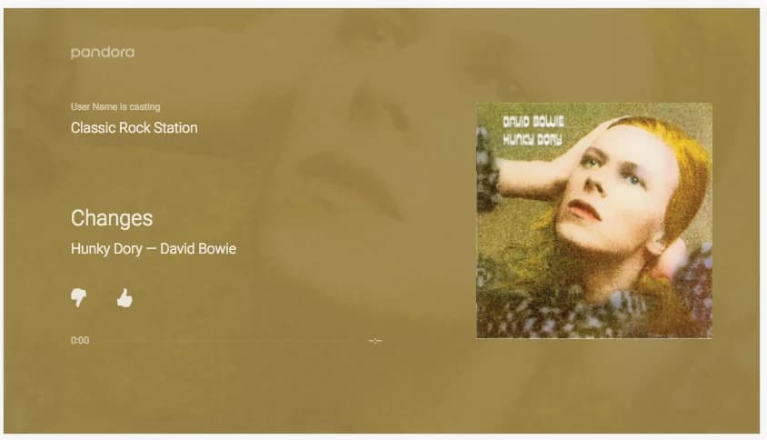 Pandora's Chromecast receiver in February 2017, showing a station playing with the album art blurred behind it and tinted to a colour sampled from the cover