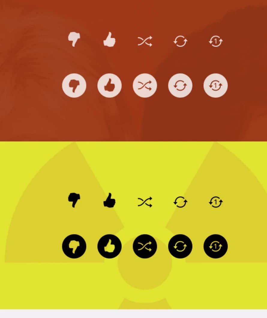 Thumbs-down, thumbs-up, shuffle, repeat and repeat-one icons drawn twice over album art, once as bare glyphs and once in filled circles, tested against a dark red cover and a bright yellow one