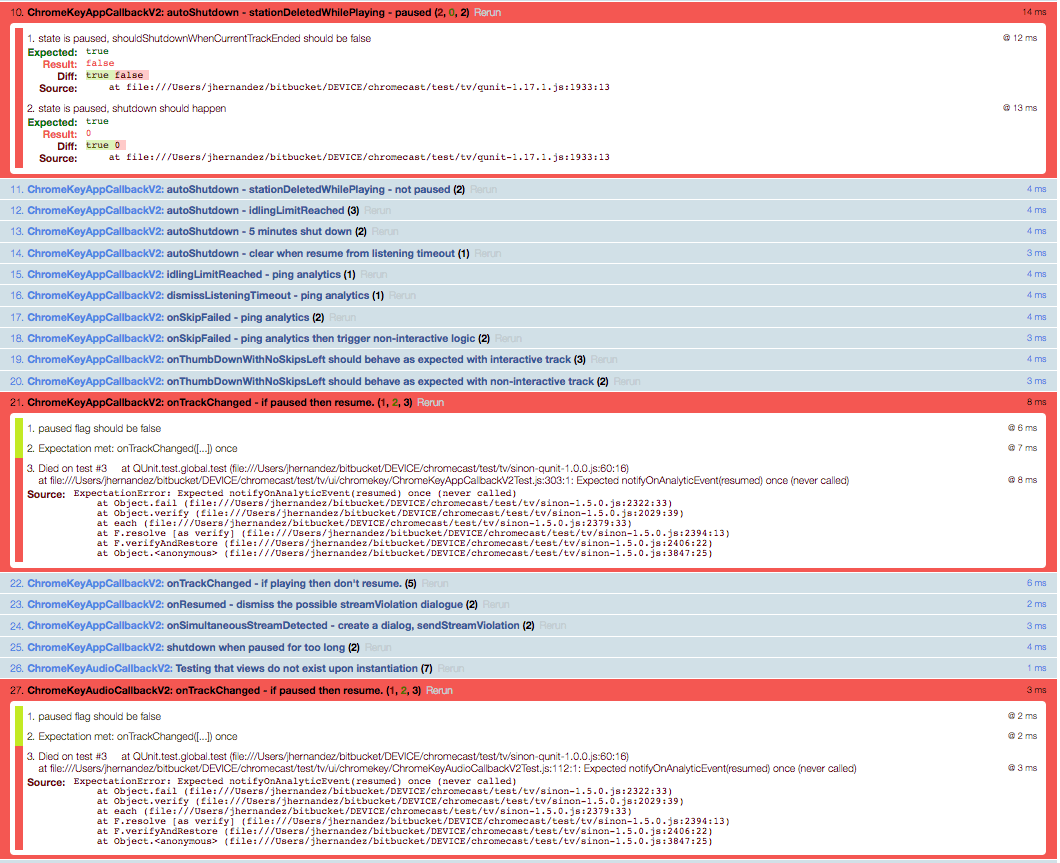 ChromeKey test harness output showing callback test results for Chromecast automation