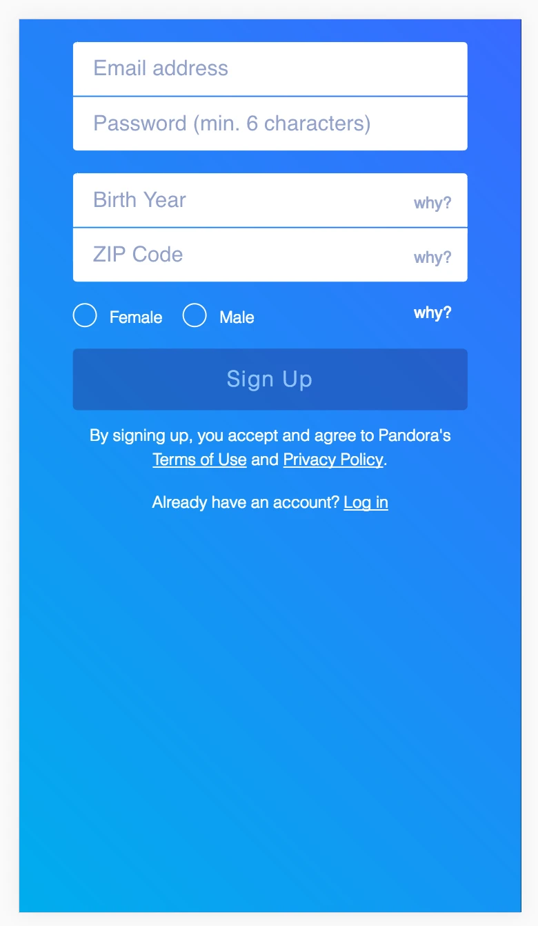The Pandora sign-up webview as it appeared inside the Uber rider app in November 2016, an empty form on Uber's blue gradient