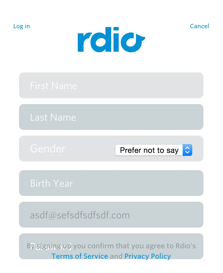 Rdio registration screen for the Roku web link flow, in review, with the terms-of-service text overlapping the password field