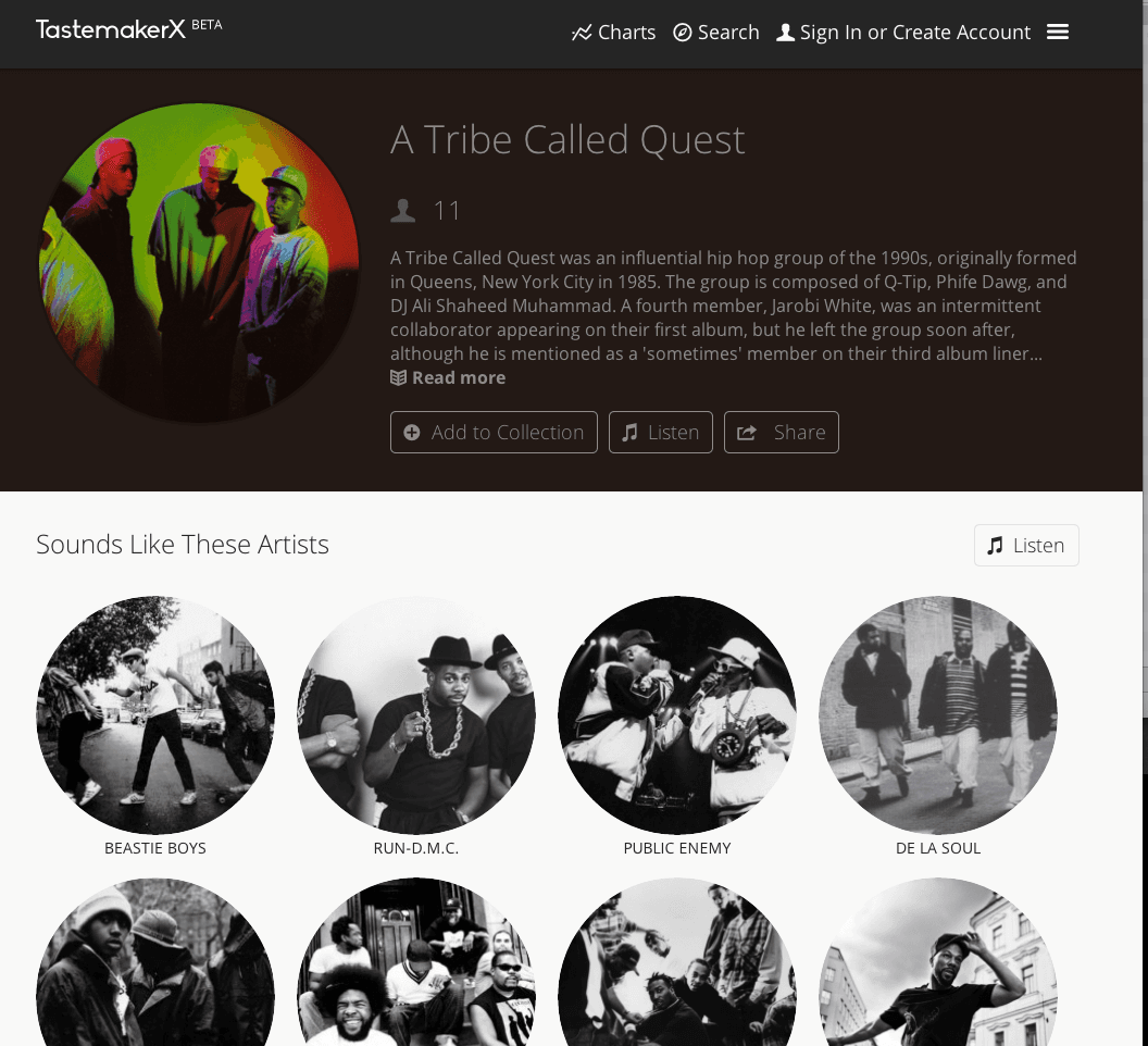 TastemakerX artist page for A Tribe Called Quest, showing collector count, add-to-collection and listen controls, and a Sounds Like These Artists recommendation grid