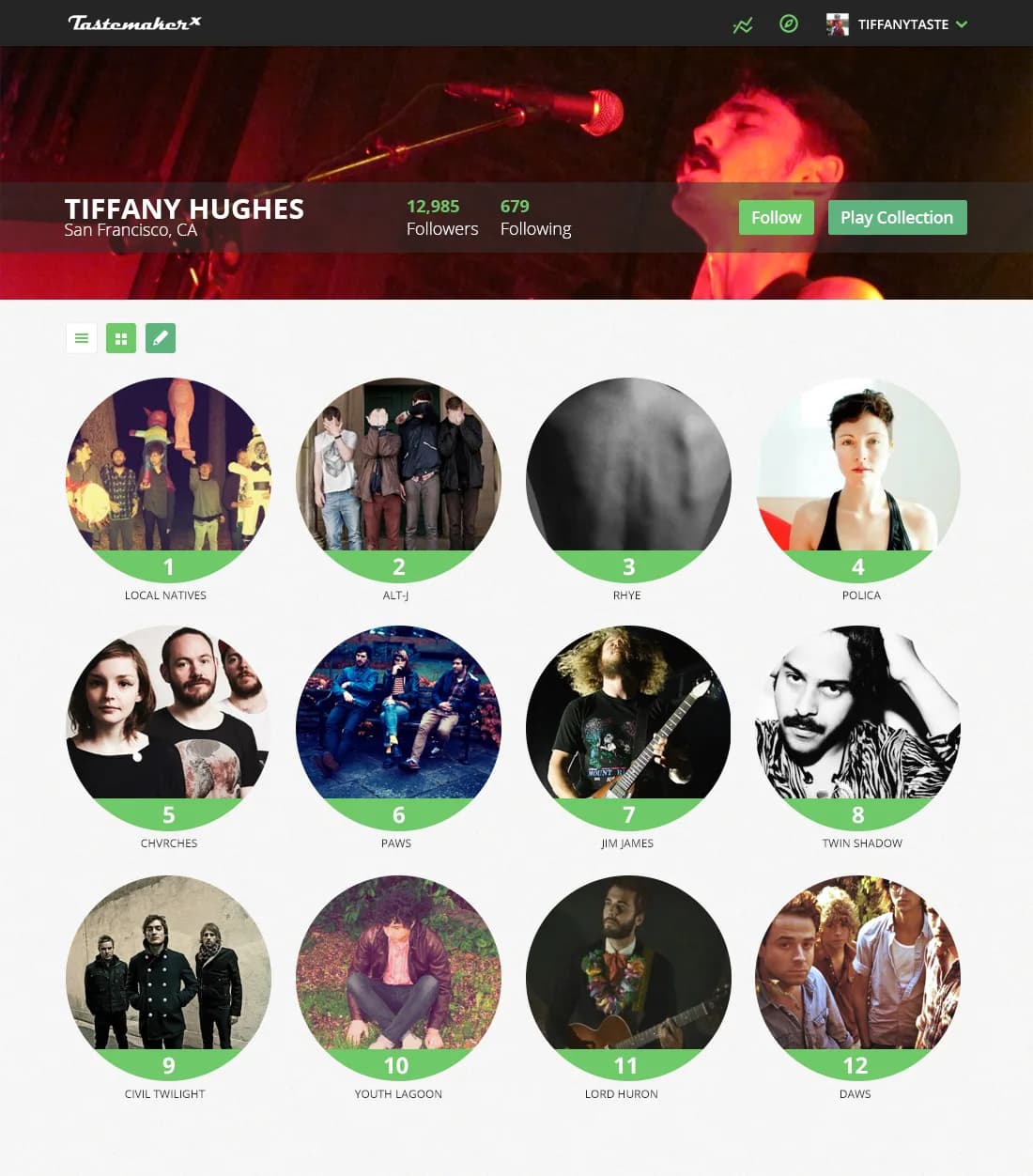 A design comp of a finished TastemakerX Collection: the profile's follower counts and a Play Collection button, above twelve artists ranked in order