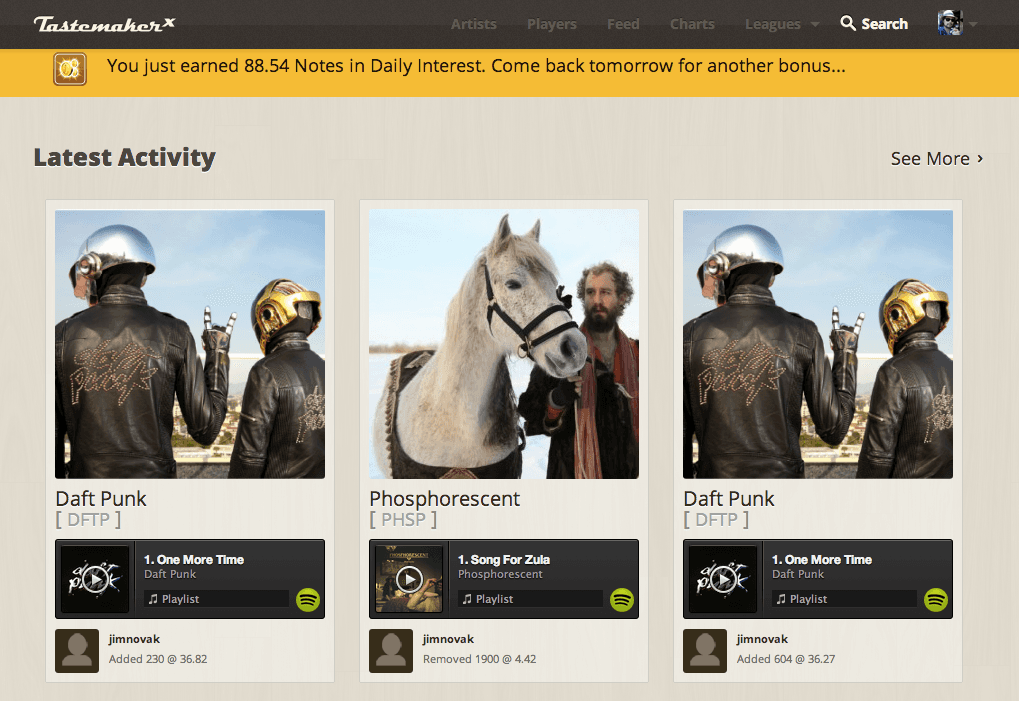 TastemakerX Latest Activity feed, 2013: three items whose links have been rendered inline as playable units with Spotify badges