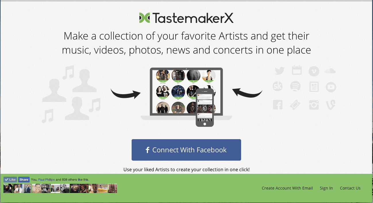 TastemakerX logged-out homepage: make a collection of your favorite artists and get their music, videos, photos, news and concerts in one place