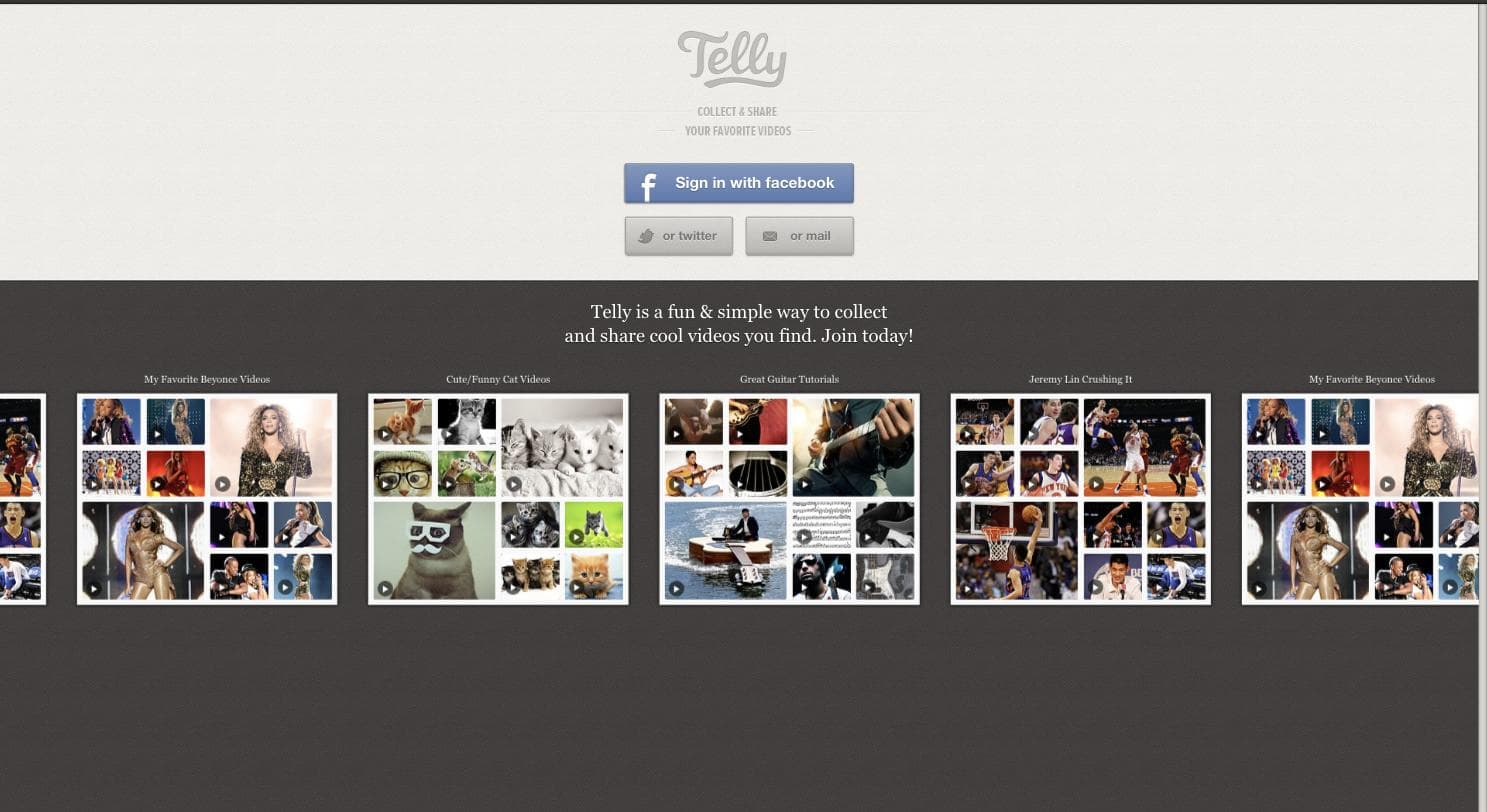 Telly's signed-out splash page in 2012, offering sign-in with Facebook, Twitter, or email above a row of video collections