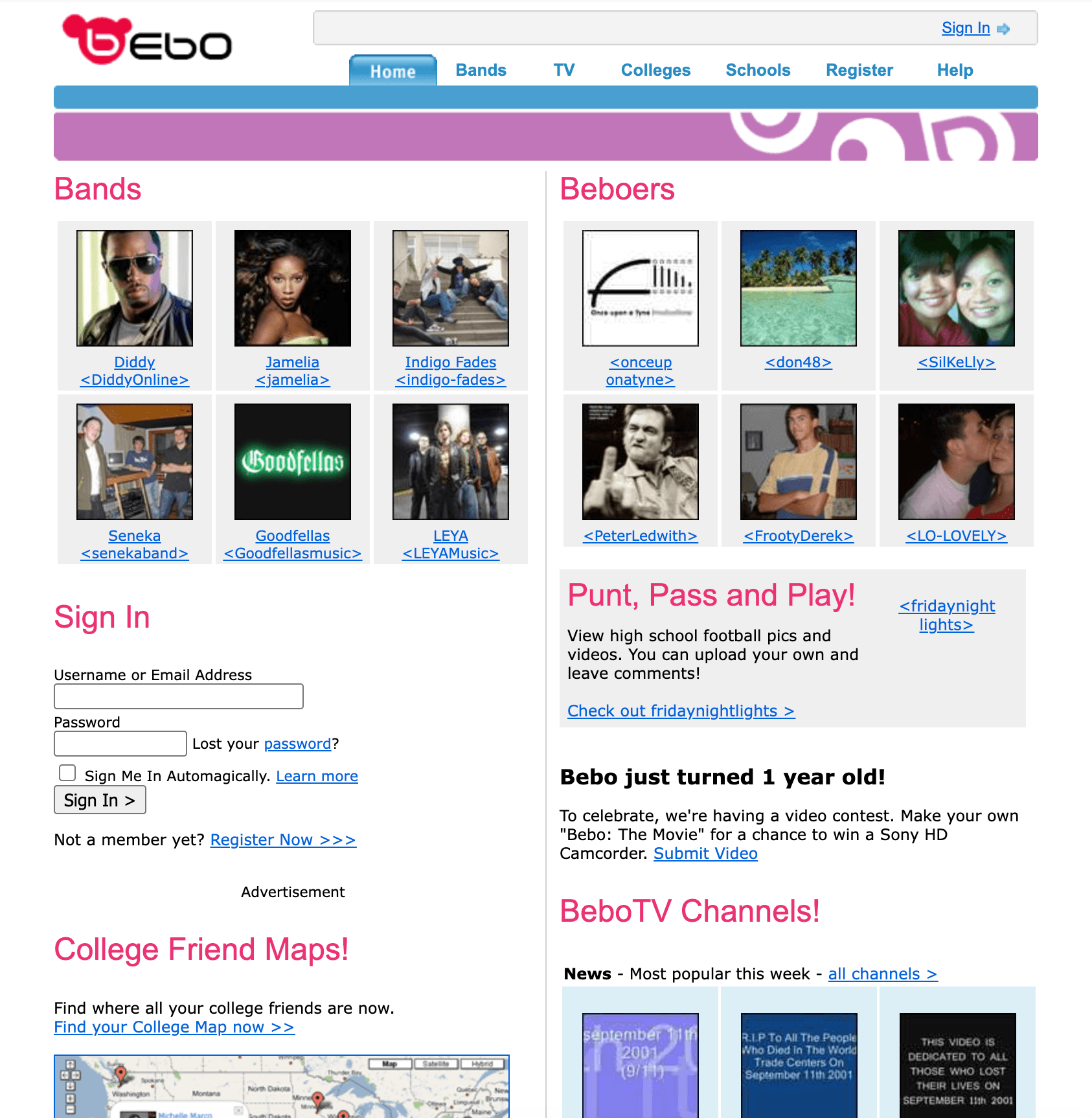 Bebo homepage/social product surface